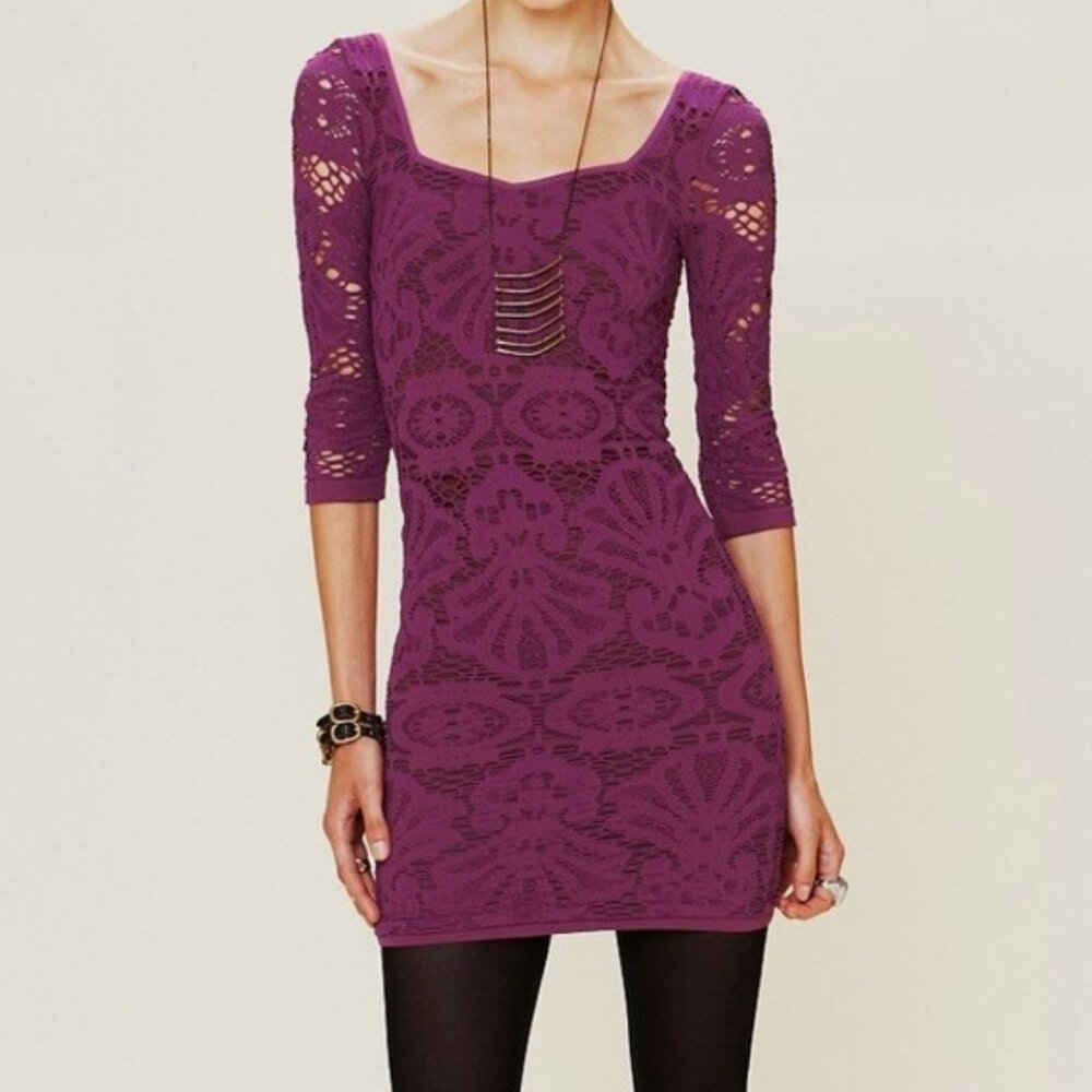 Intimately Free People Seamless Medallion Lace Bodycon Dress XS/ S Purple Berry